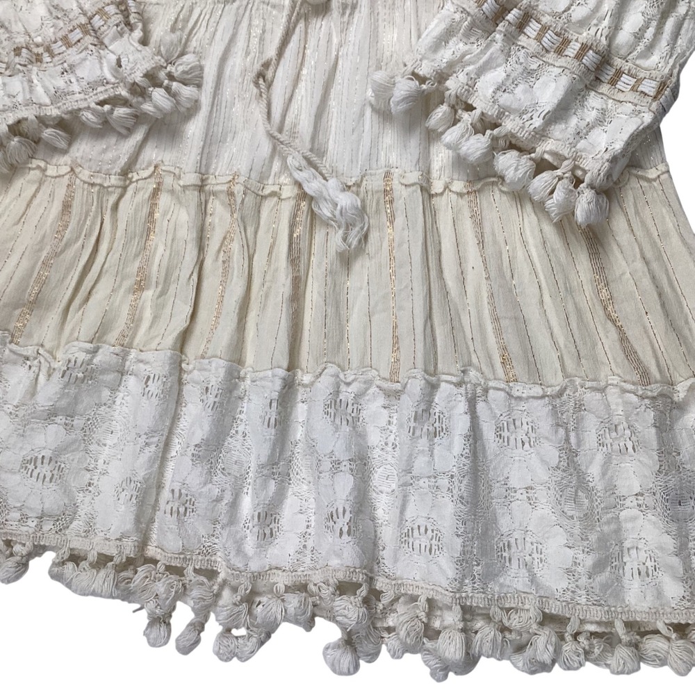 Rise & Blossom Gold Dot Tiered Tassel Pom‎ Pom V-Neck Tunic Dress S/P CH - Picture 11 of 14